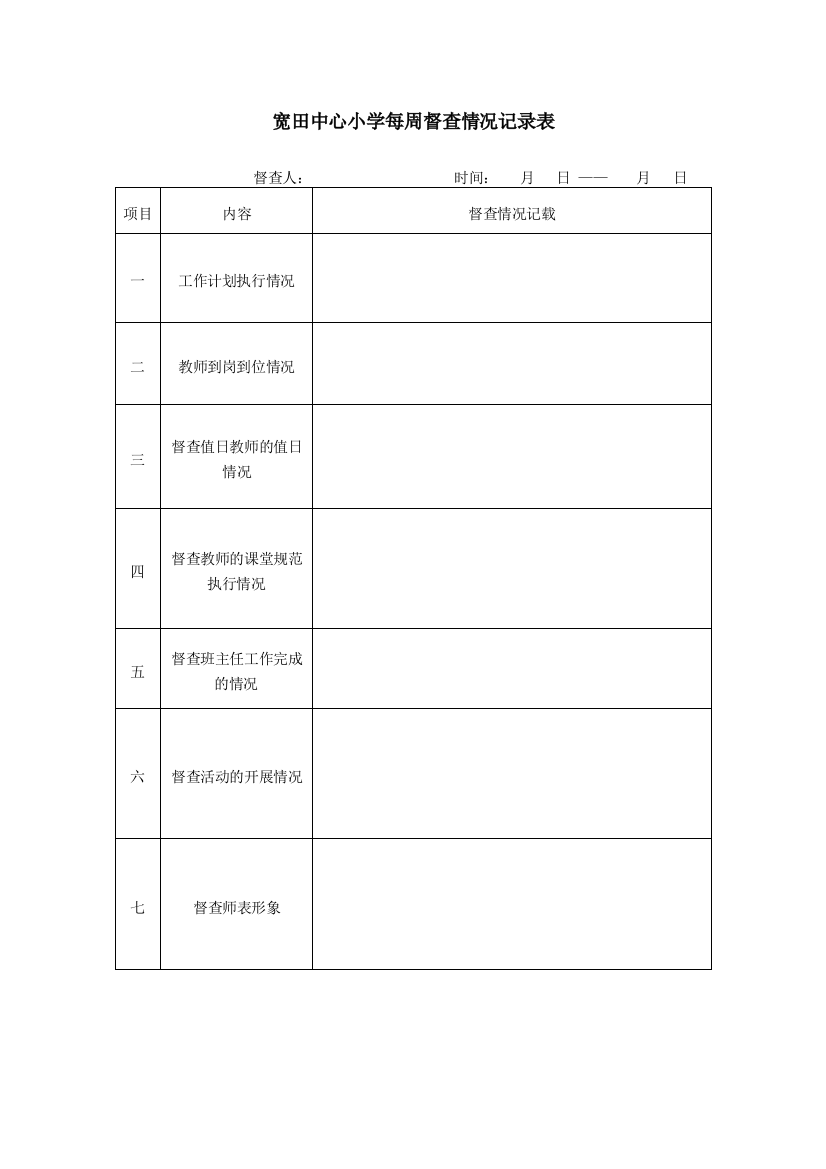 宽田中心小学每日督查情况记录表