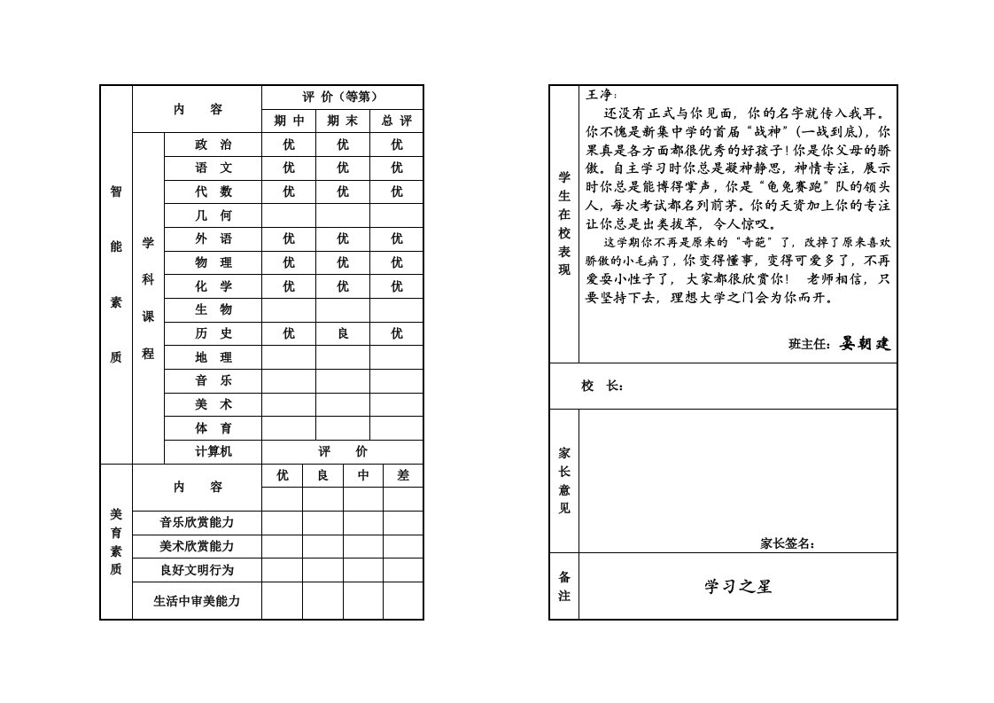 灌南县新集中学2014九年级1班评语