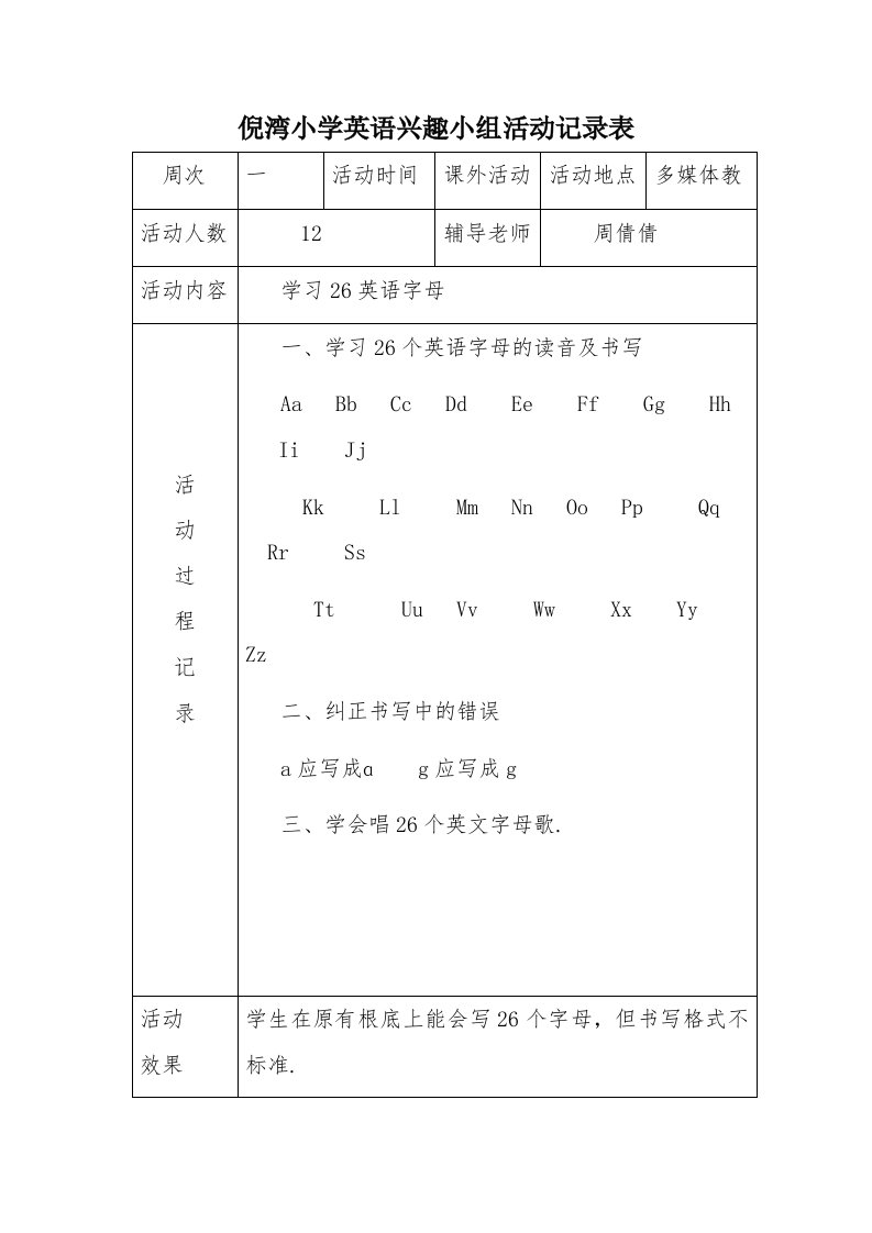 倪湾小学英语兴趣小组活动记录表