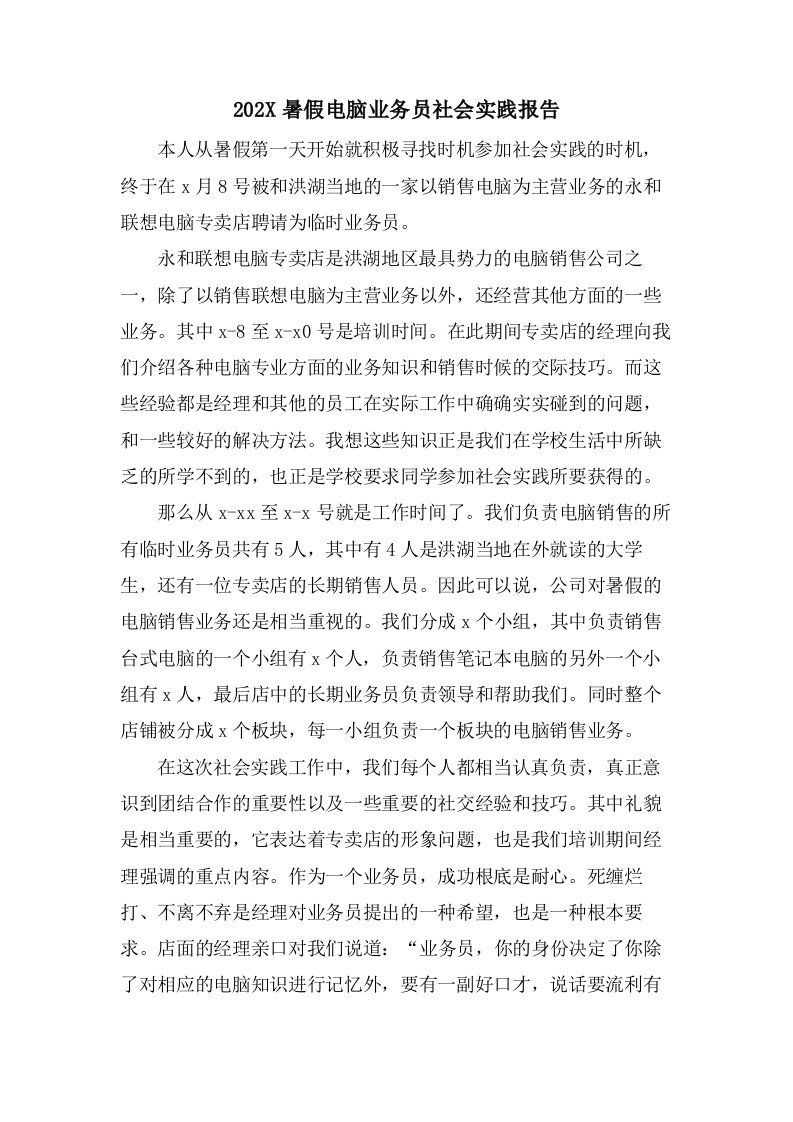 暑假电脑业务员社会实践报告