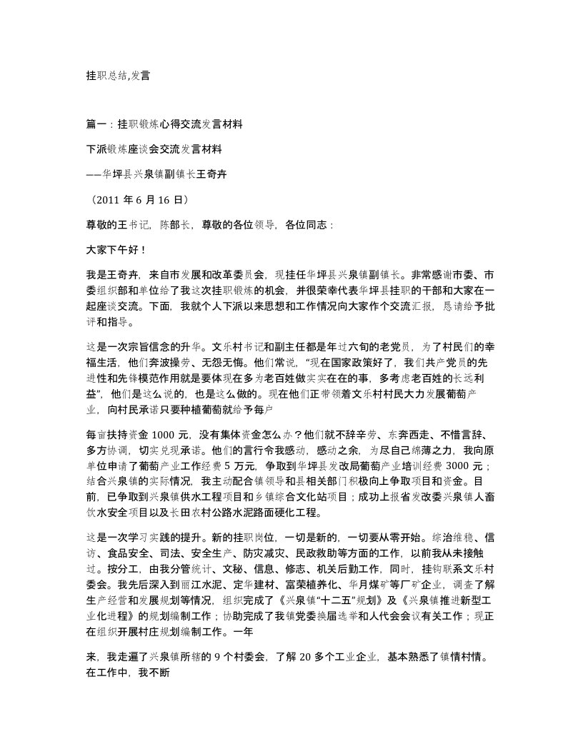 挂职总结发言