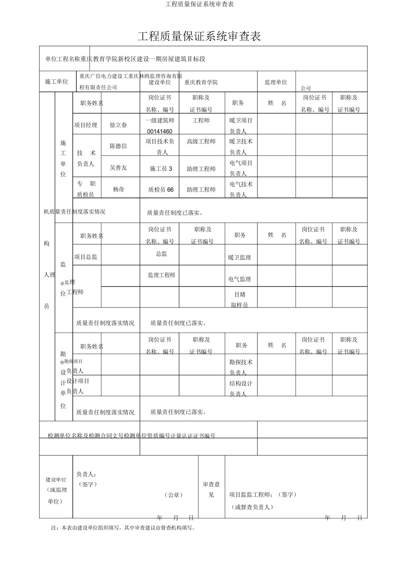 工程质量保证体系审查表