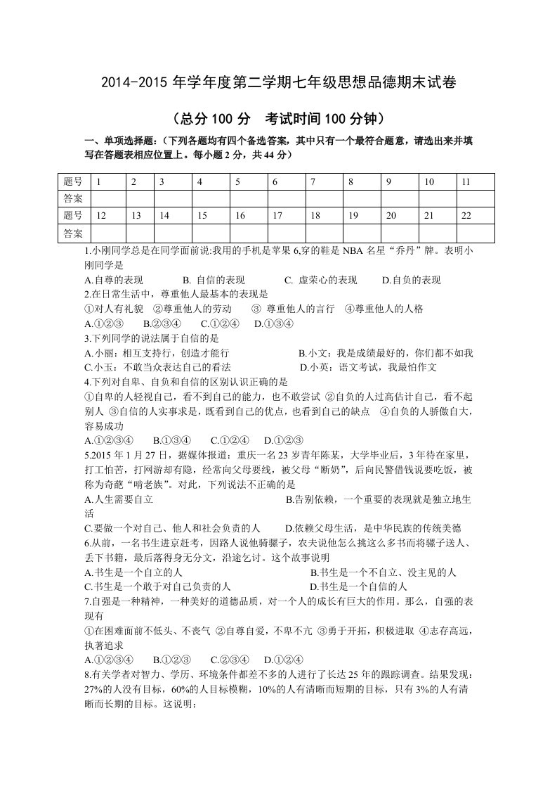 2014-2015年学年度第二学期七年级思想品德期末试卷