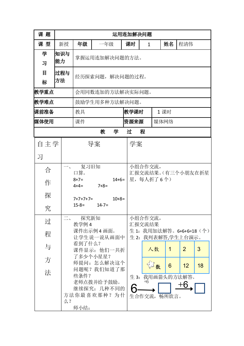 小学数学人教一年级运用同数连加解决问题