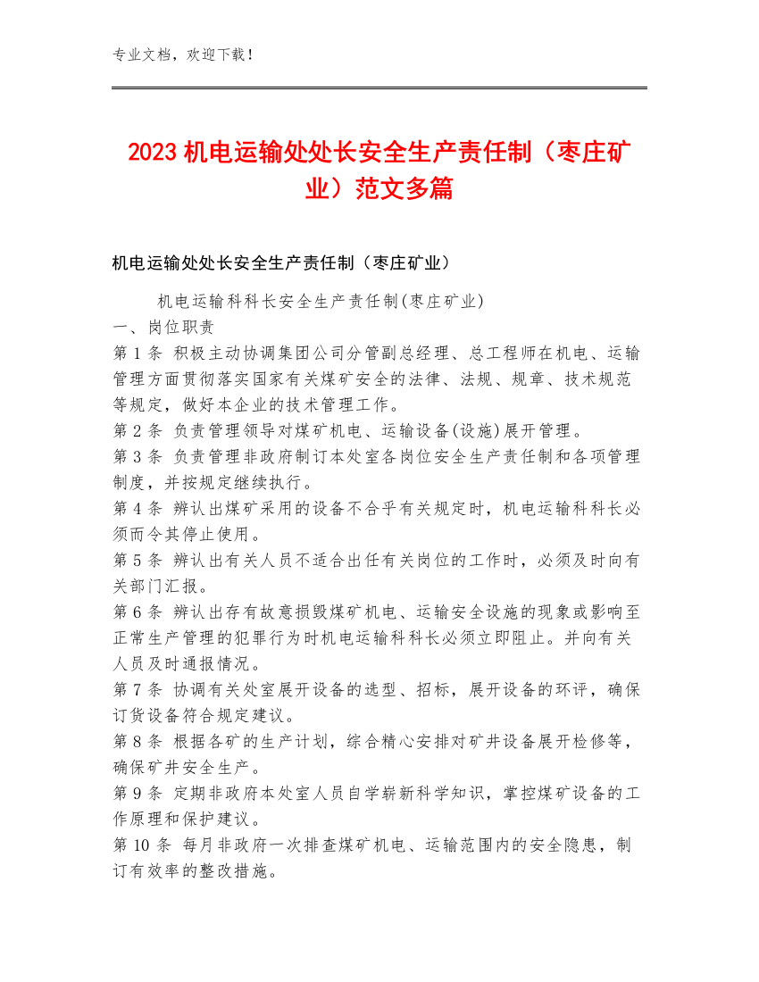 2023机电运输处处长安全生产责任制（枣庄矿业）范文多篇