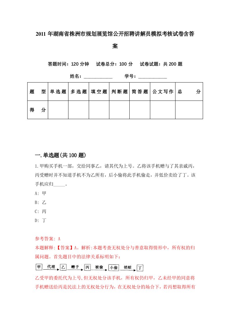 2011年湖南省株洲市规划展览馆公开招聘讲解员模拟考核试卷含答案1