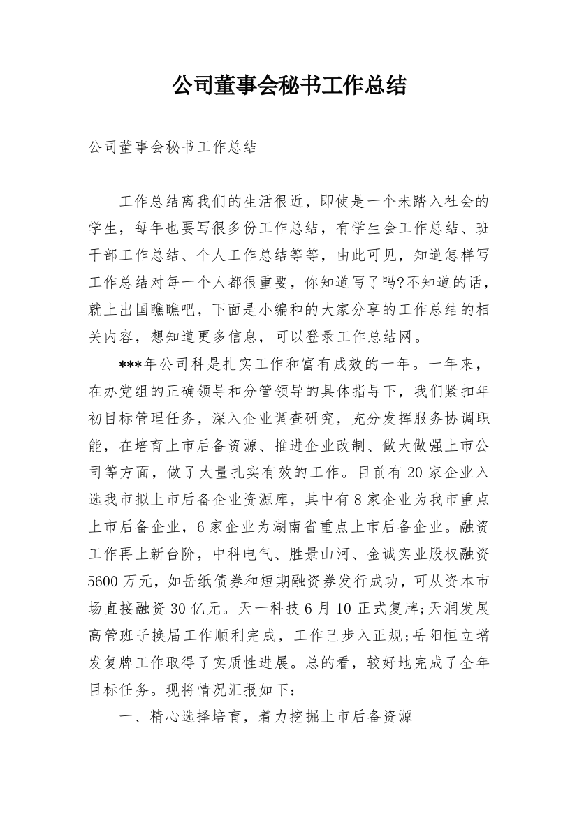 公司董事会秘书工作总结