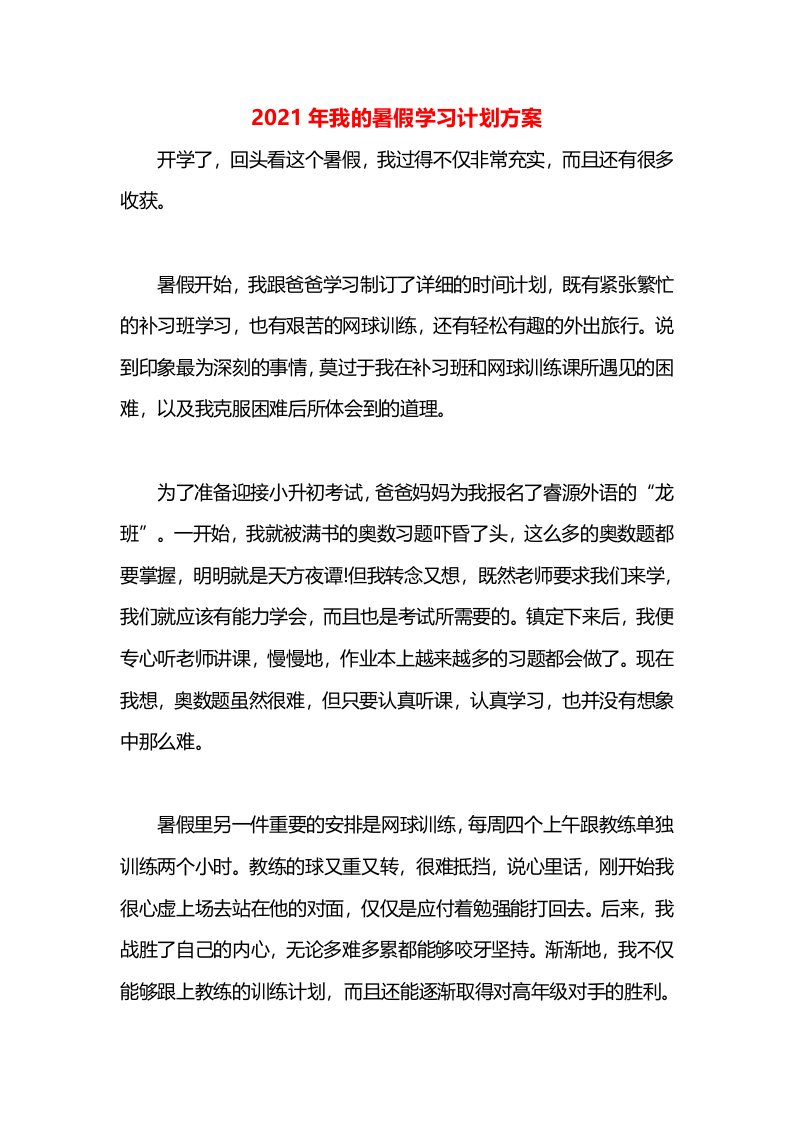 2021年我的暑假学习计划方案