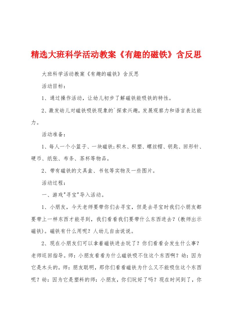 精选大班科学活动教案《有趣的磁铁》含反思