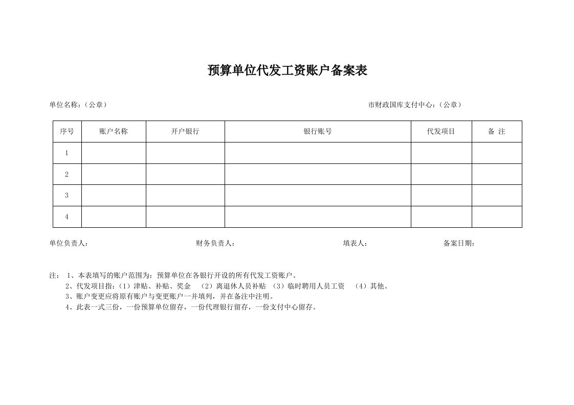 预算单位代发工资账户备案表