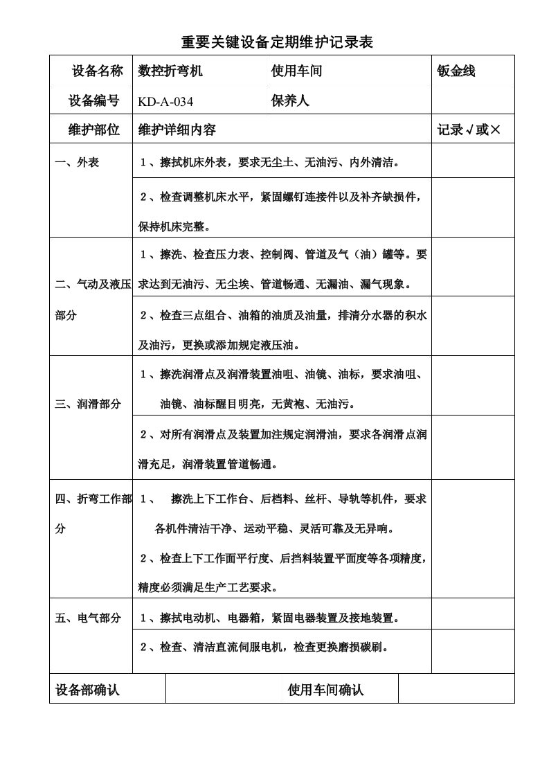 013数控折弯机定期维护记录表