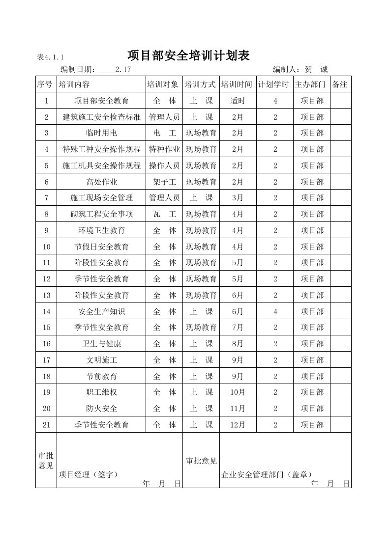 项目部安全教育培训计划表