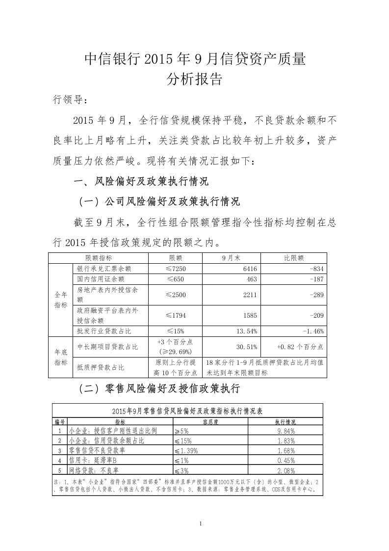 中信银行2015年9月信贷资产质量分析报告