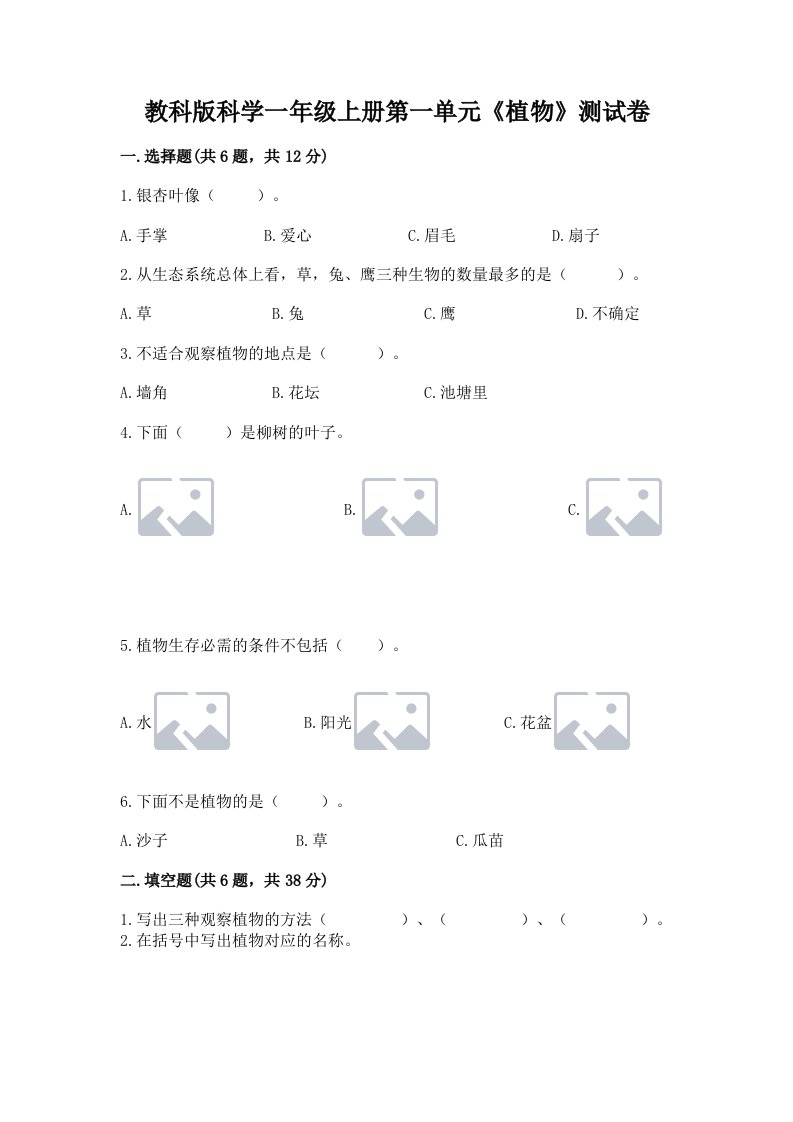 教科版科学一年级上册第一单元《植物》测试卷（真题汇编）