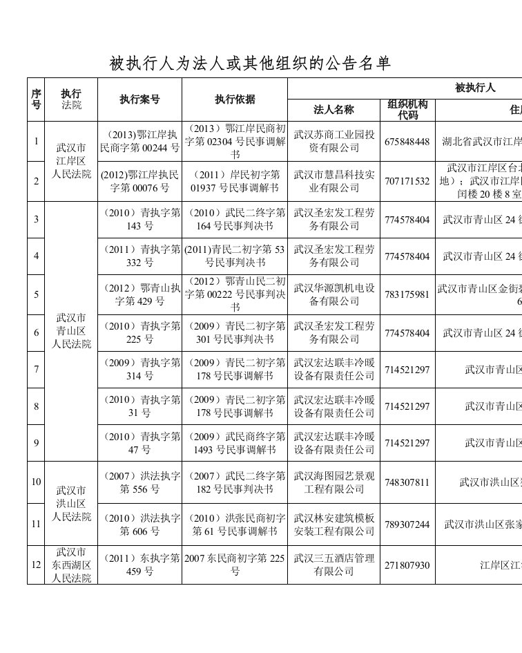 被执行人为法人或其他组织的公告名单