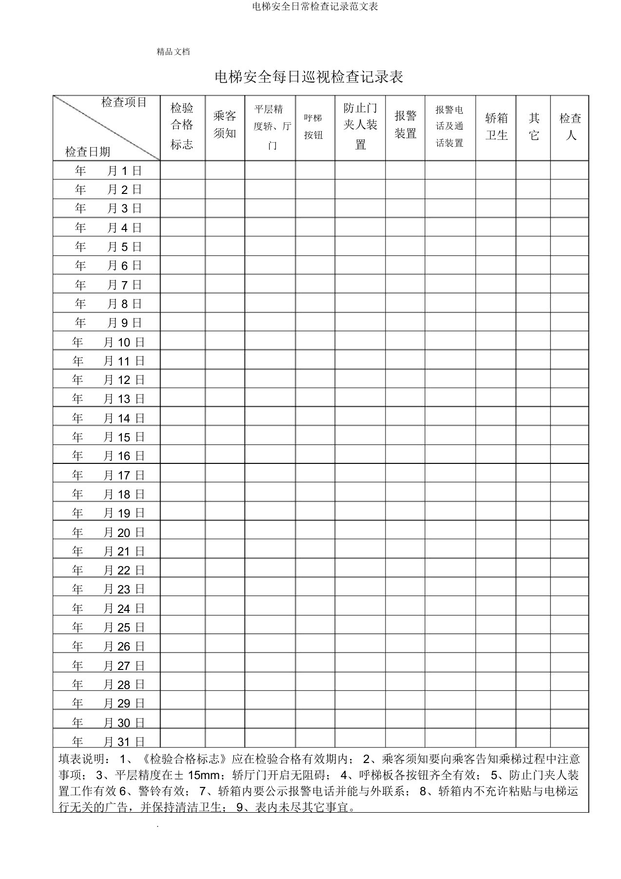 电梯安全日常检查记录范文表