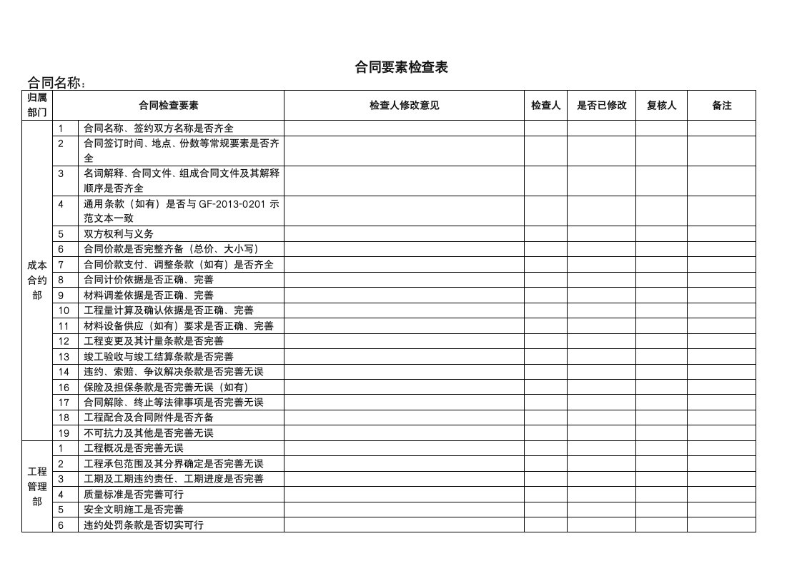 建筑工程施工合同要素检查表