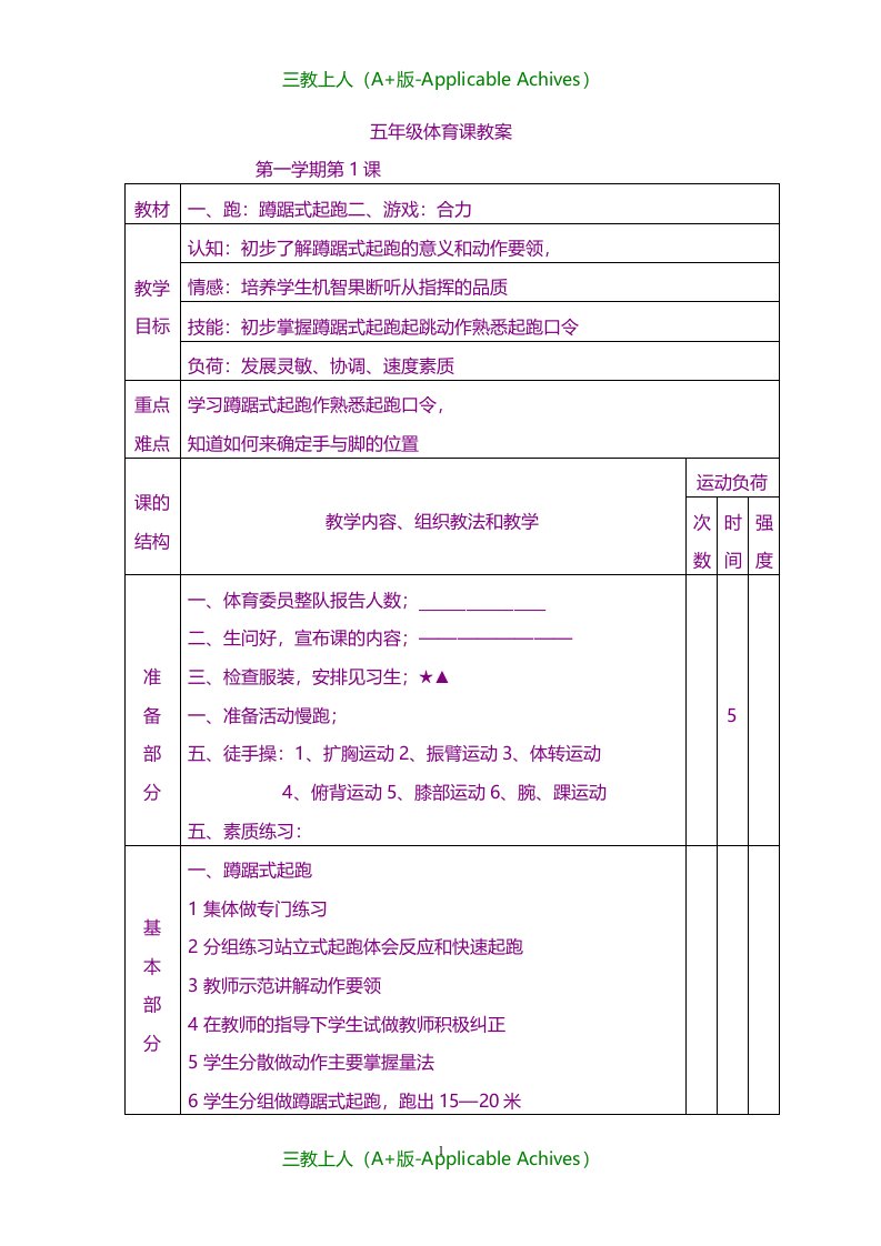 教案及说课稿-小学五年级体育课教案-全集