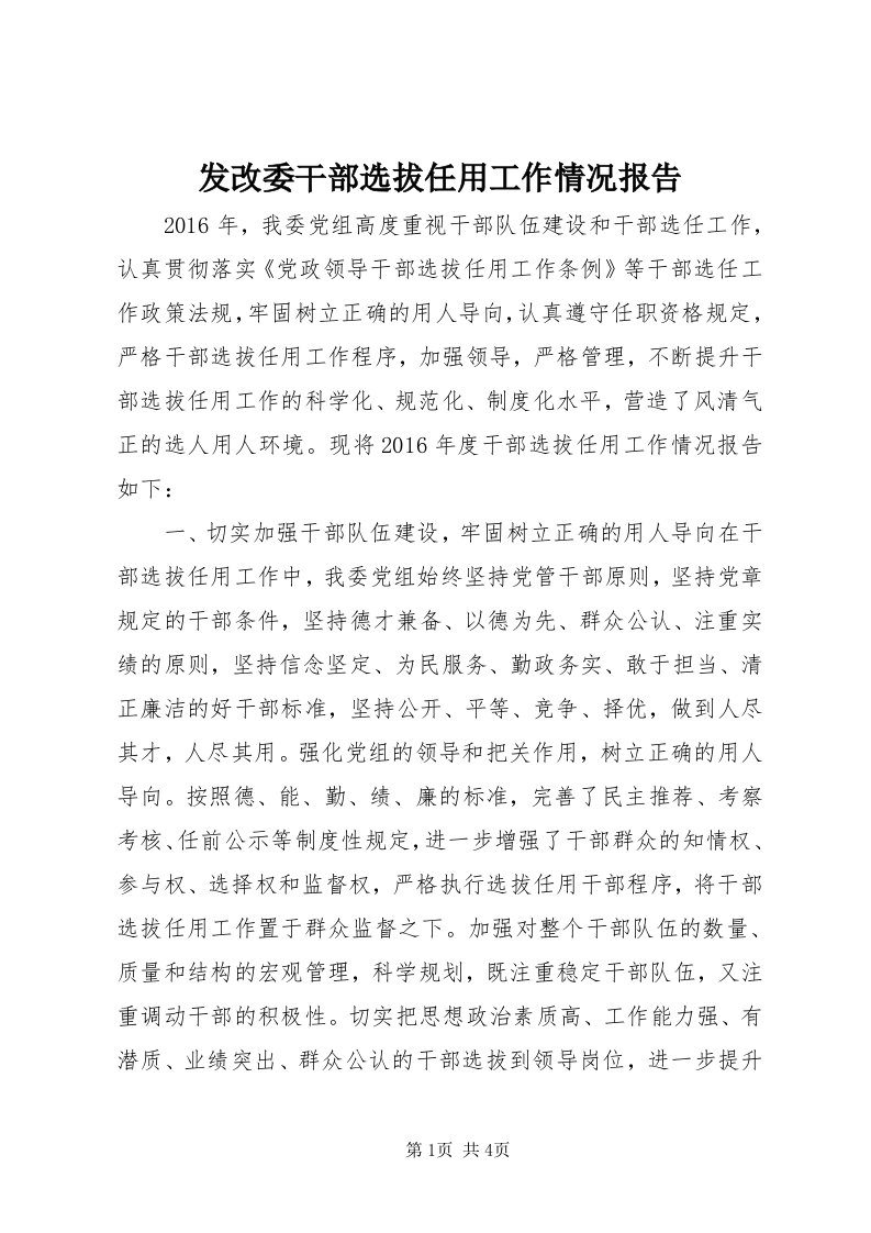 发改委干部选拔任用工作情况报告