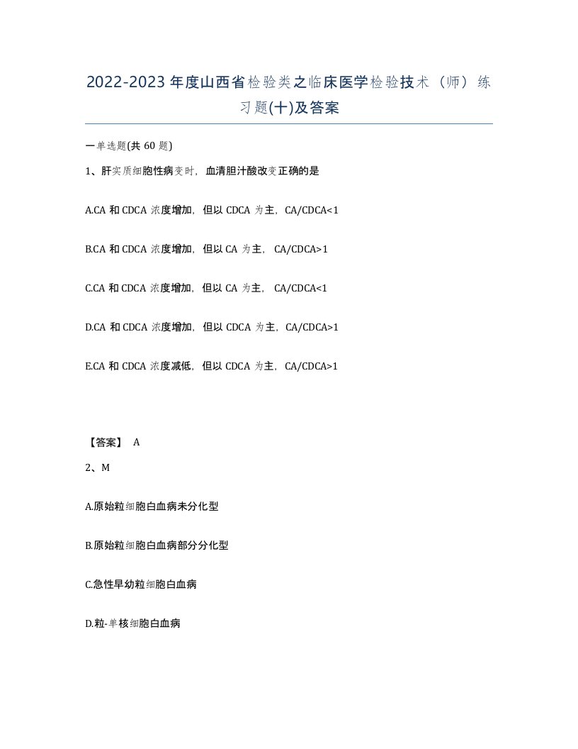 2022-2023年度山西省检验类之临床医学检验技术师练习题十及答案