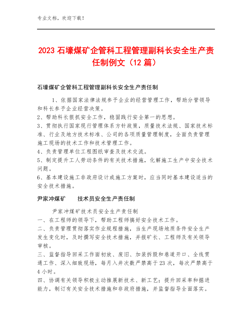 2023石壕煤矿企管科工程管理副科长安全生产责任制例文（12篇）