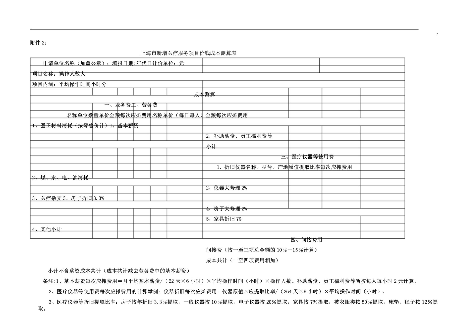 上海市新增医疗服务项目价格成本测算表格