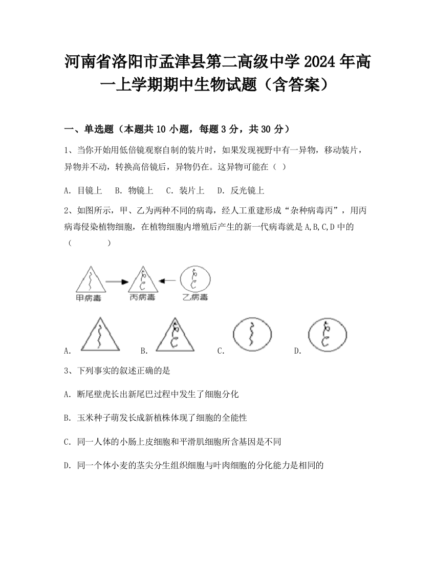 河南省洛阳市孟津县第二高级中学2024年高一上学期期中生物试题（含答案）