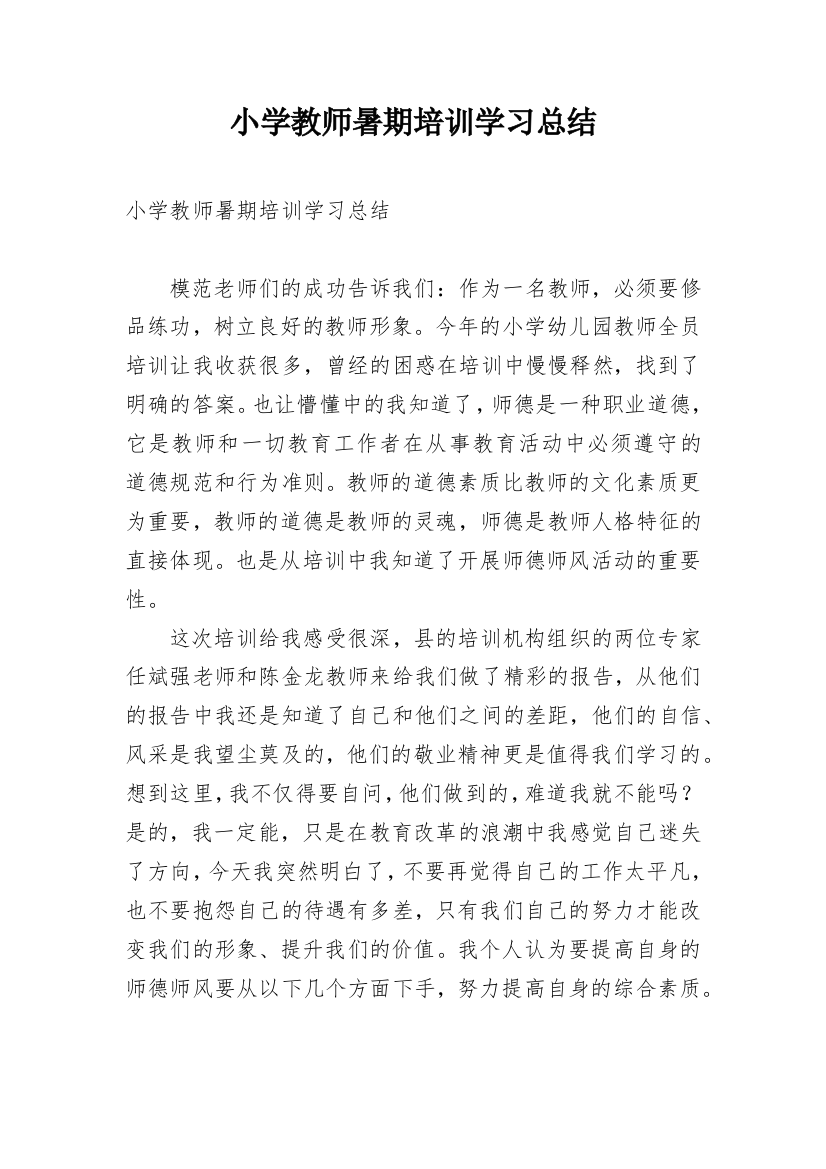 小学教师暑期培训学习总结