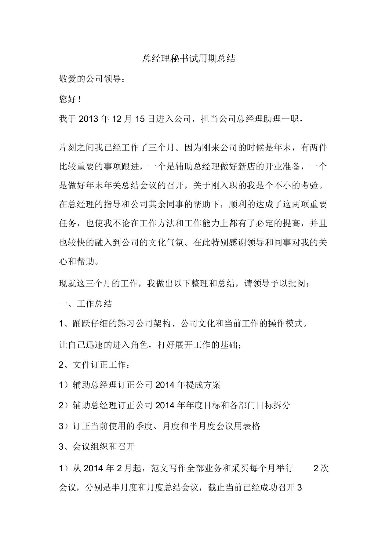 精彩总经理秘书试用期总结报告方案计划心得措施意见书