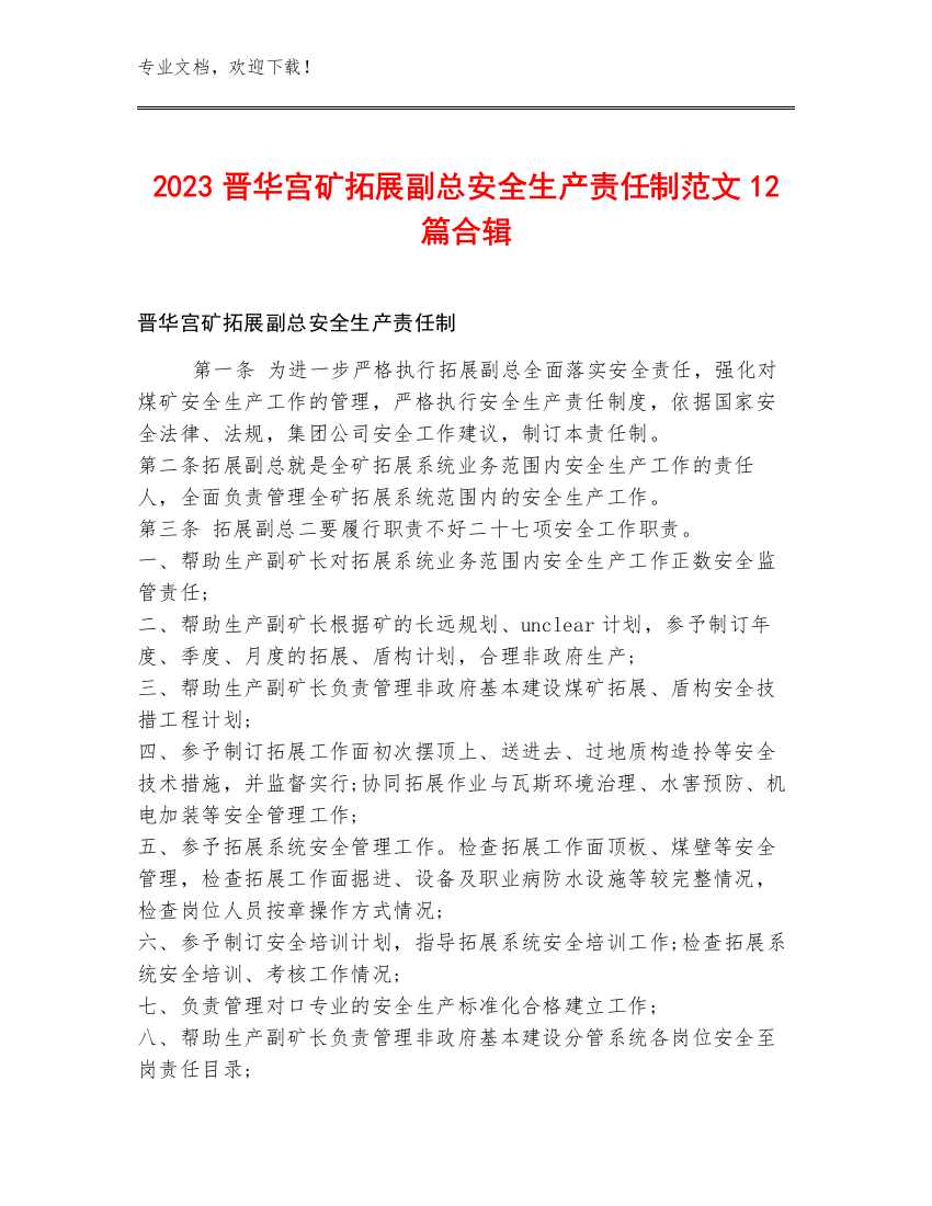 2023晋华宫矿拓展副总安全生产责任制范文12篇合辑