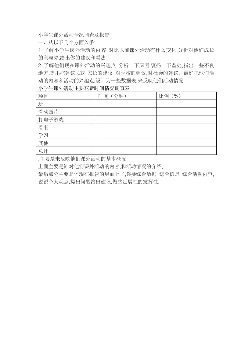 小学生课外活动情况调查及报告