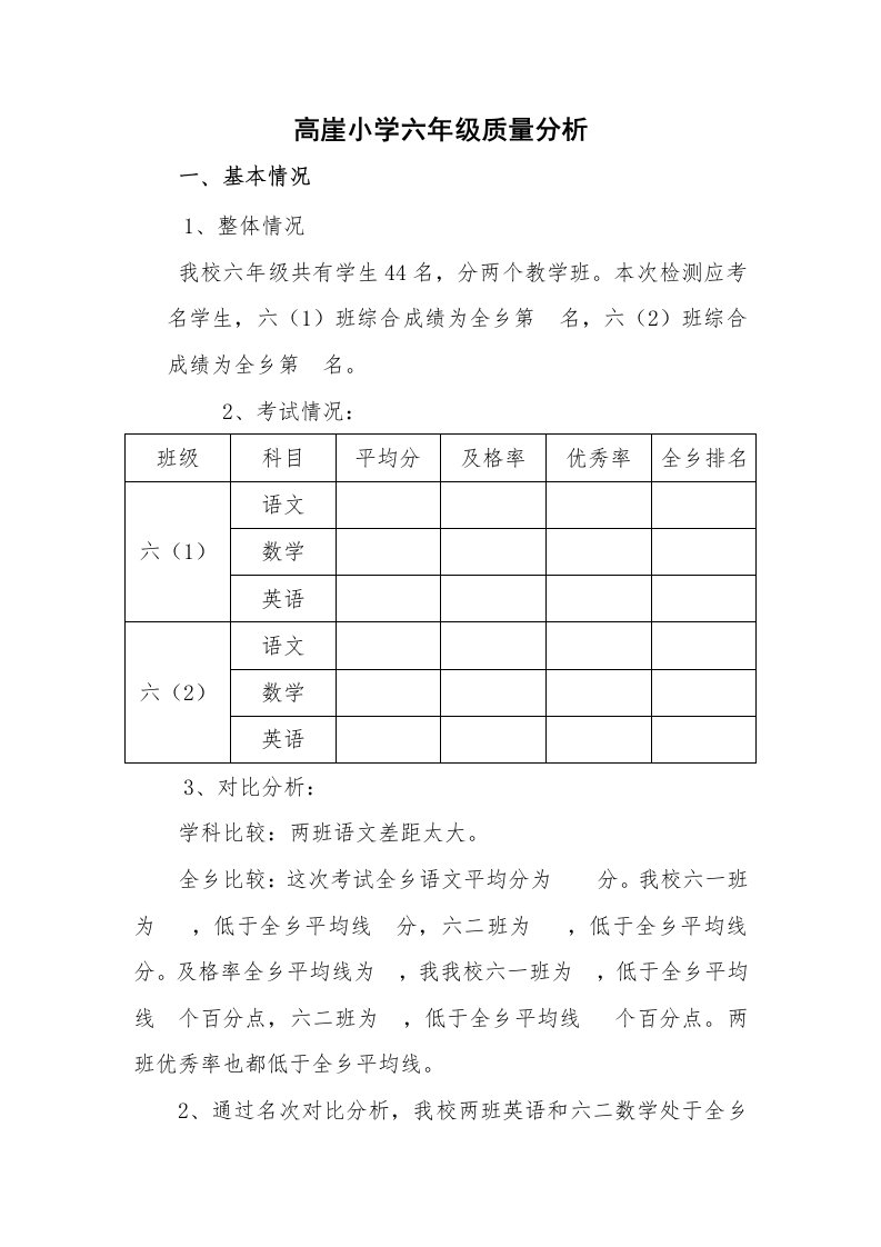 六年级抽考质量分析