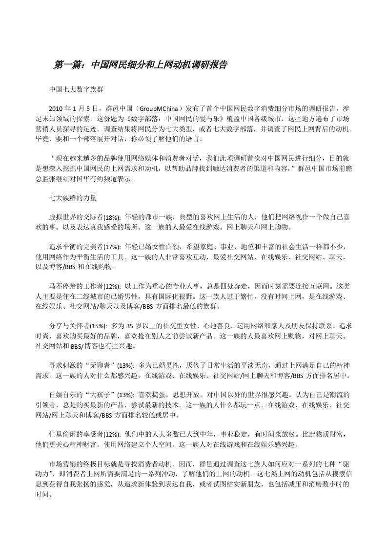 中国网民细分和上网动机调研报告[修改版]