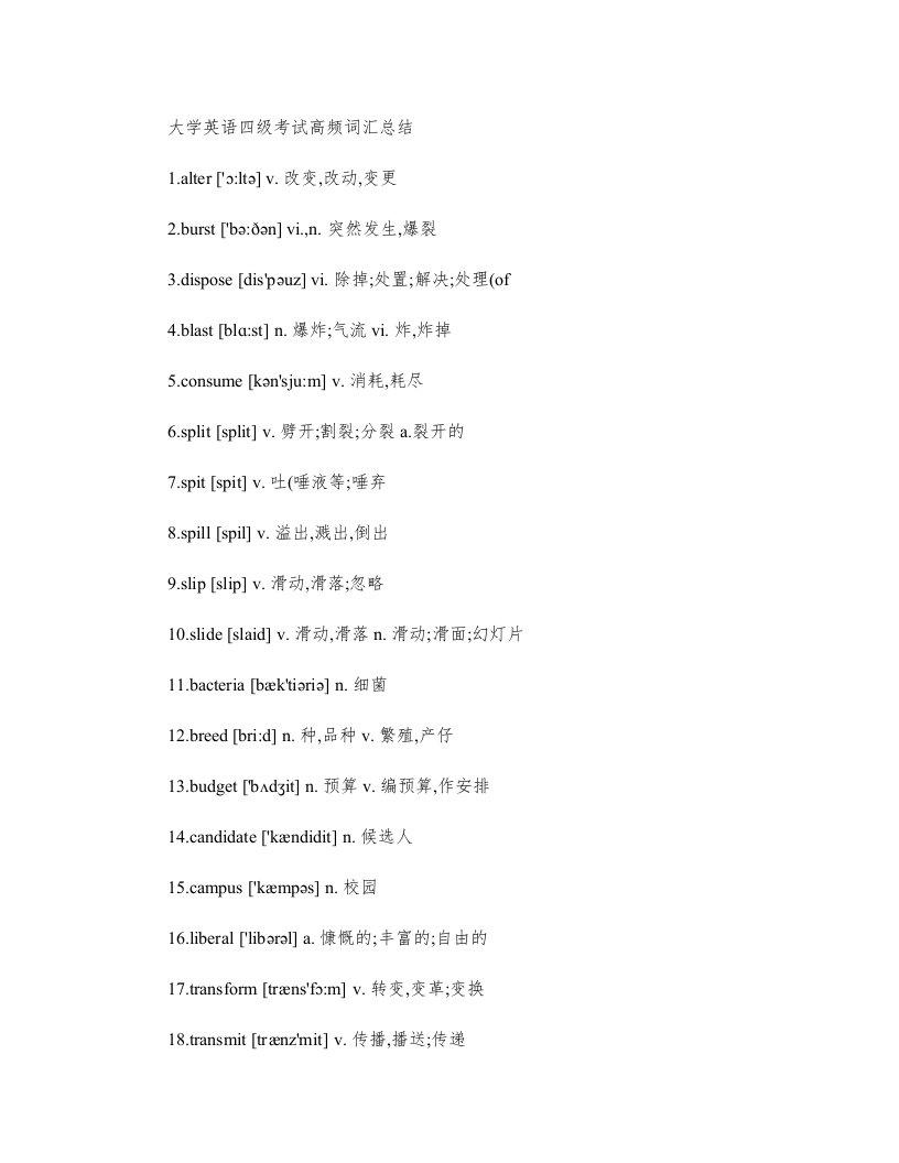 大学英语四级考试高频词汇总结――知识汇总四级单词词汇(带音标)