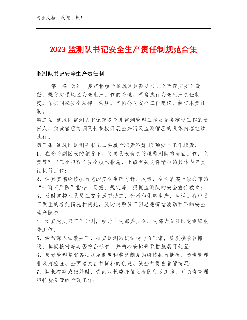 2023监测队书记安全生产责任制规范合集