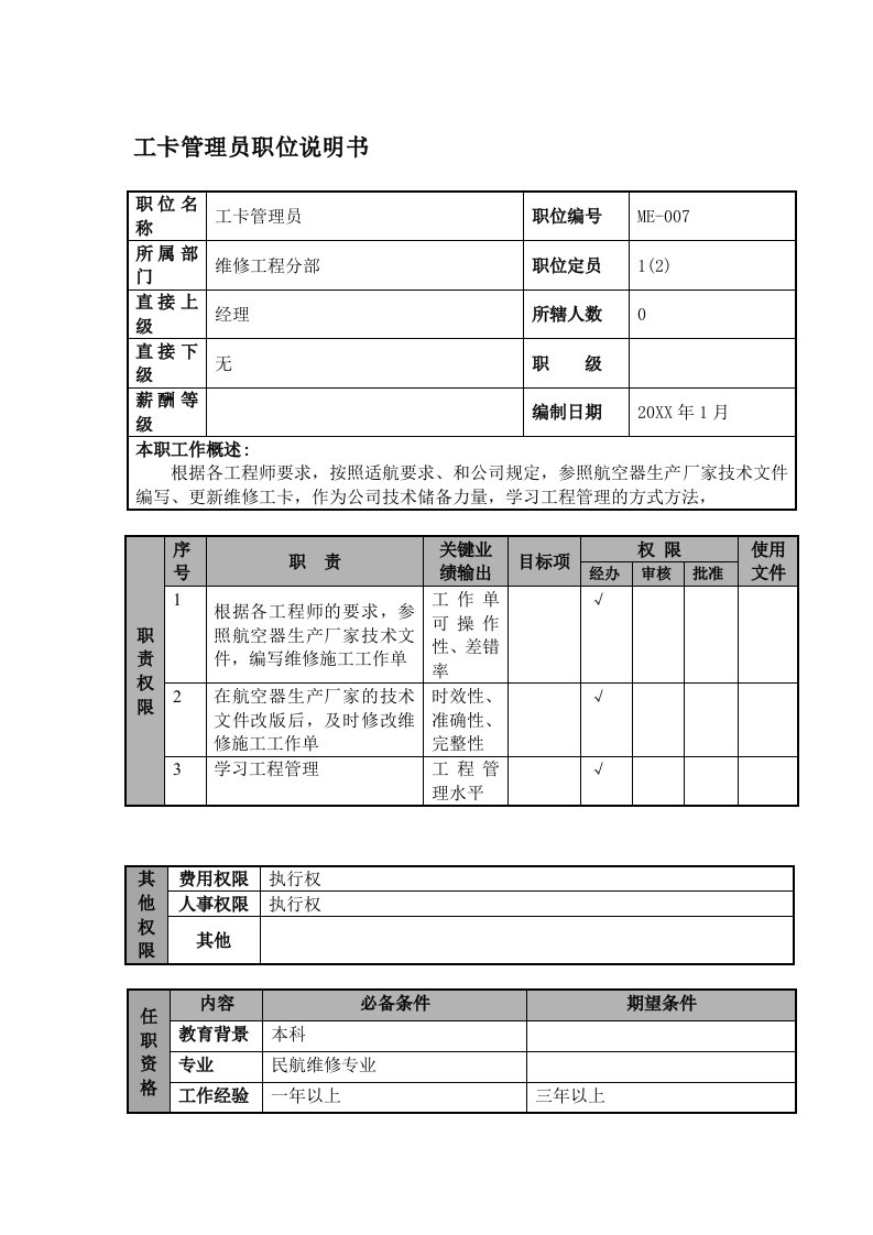 物流管理-某航空物流公司工卡管理员职位说明书及关键绩效标准