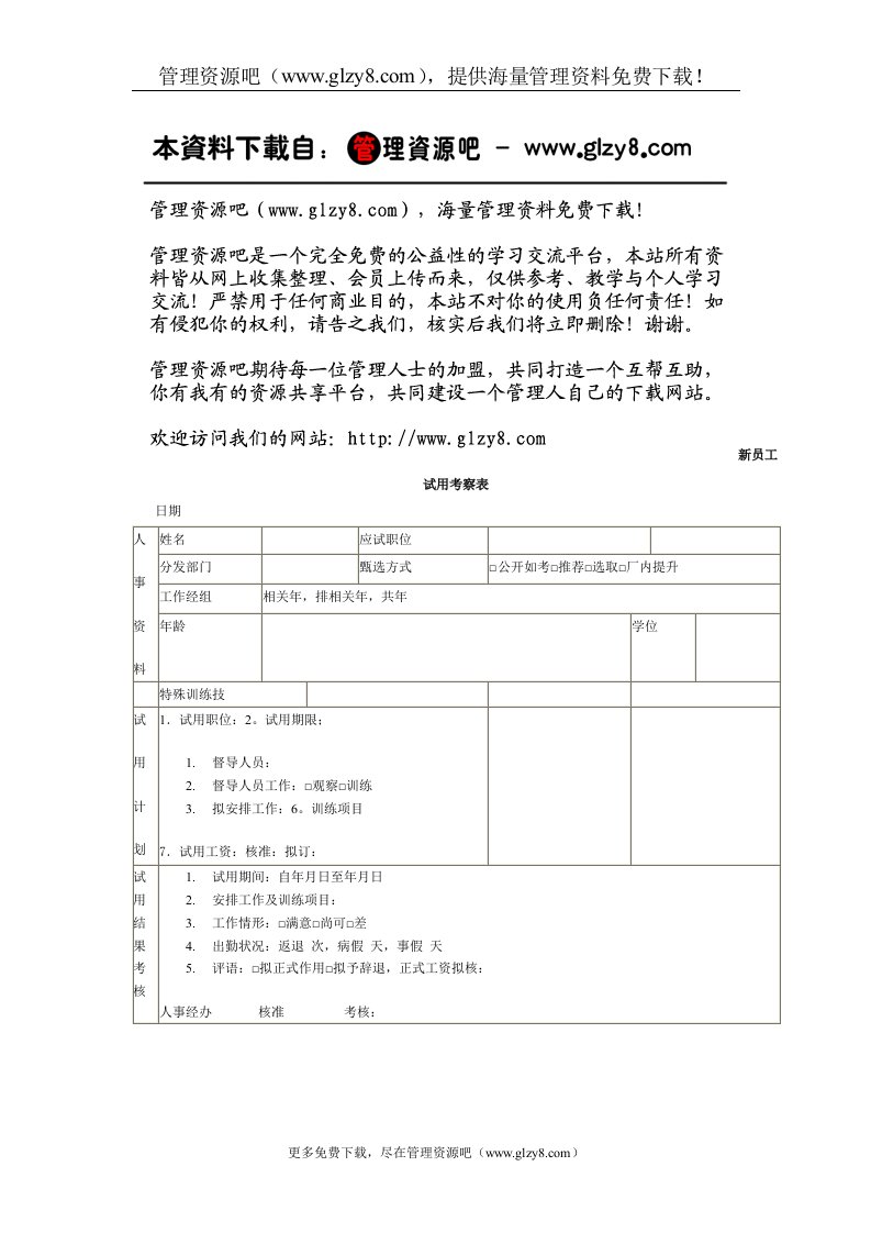 新员工试用考察表