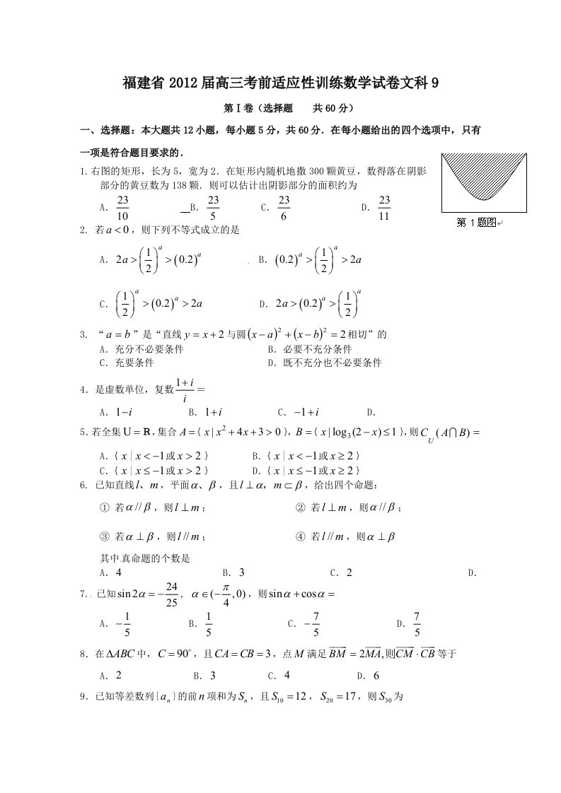 福建省2012届高三考前适应性训练数学试卷文