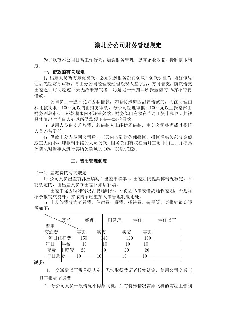 湖北分公司财务管理规定