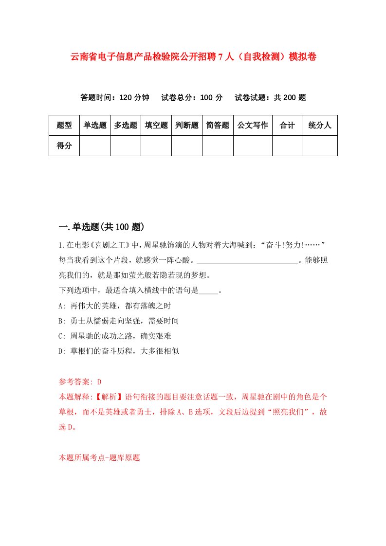 云南省电子信息产品检验院公开招聘7人自我检测模拟卷第0期