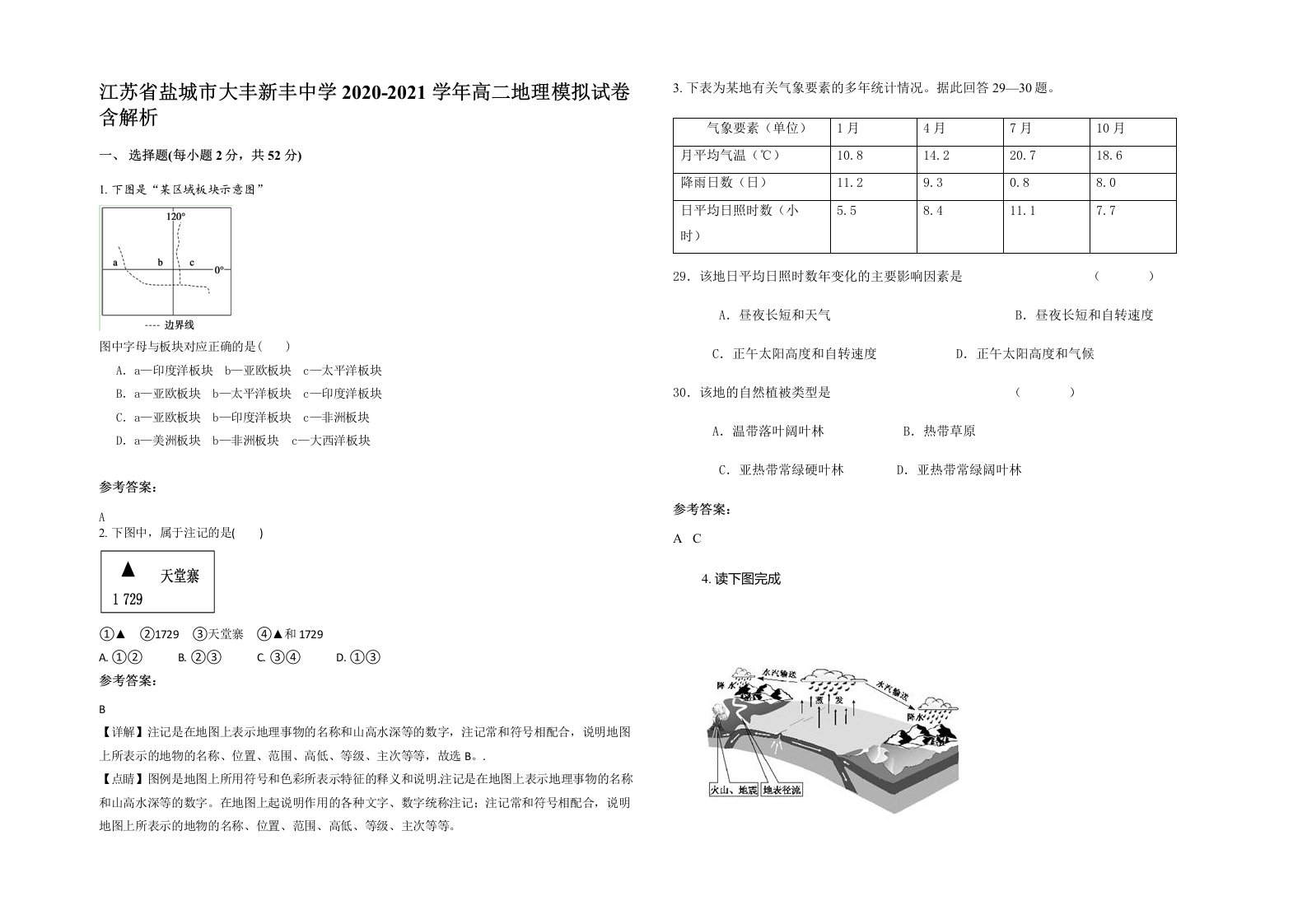 江苏省盐城市大丰新丰中学2020-2021学年高二地理模拟试卷含解析