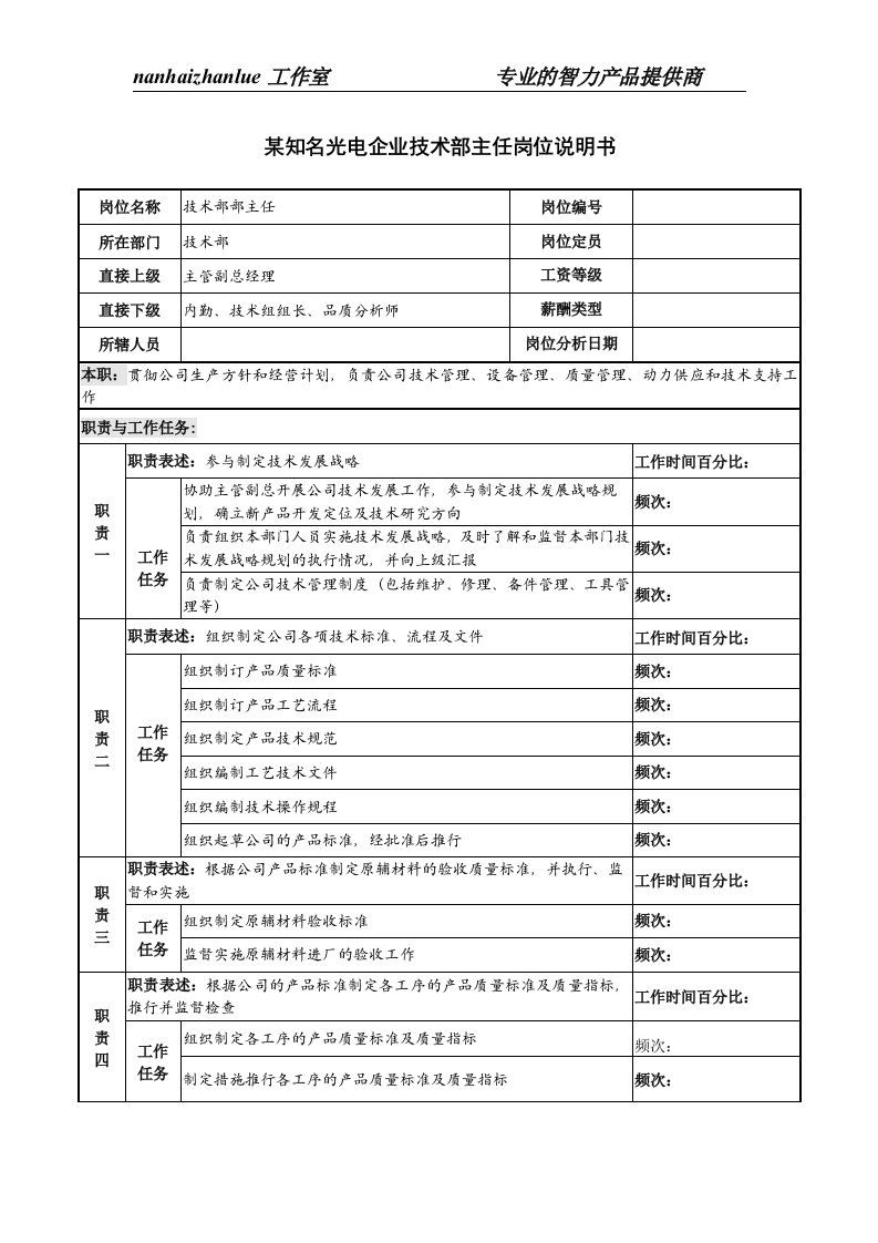 某知名光电企业技术部主任岗位说明书