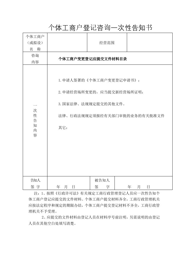 个体工商户登记咨询一次性告知书