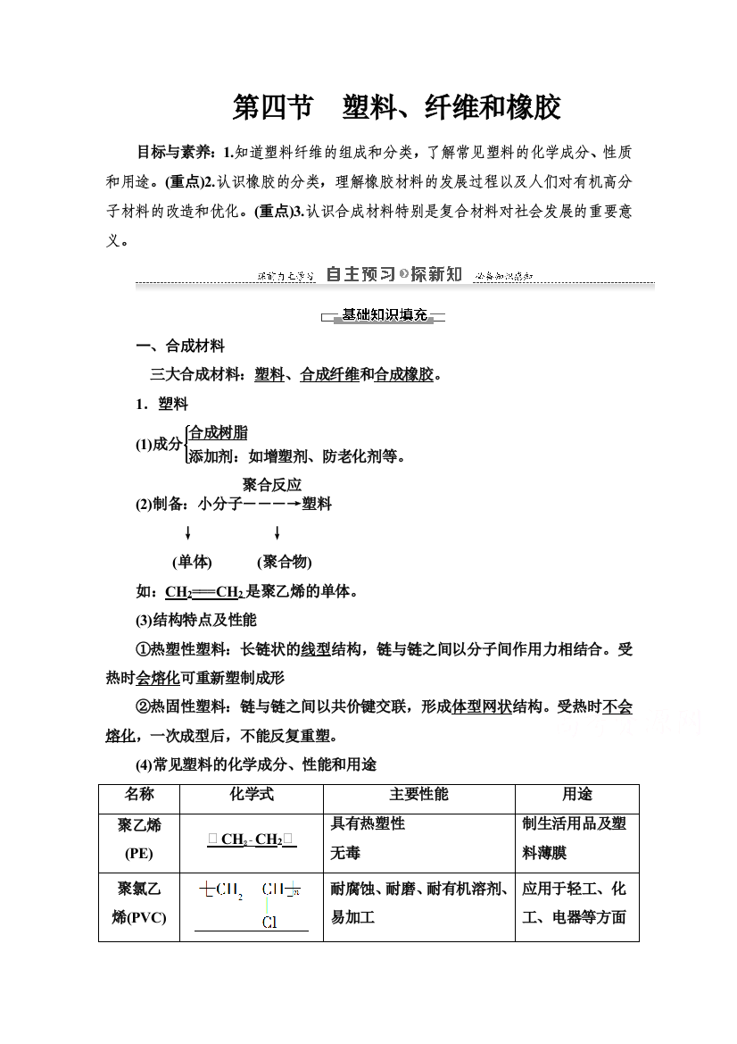 2020-2021学年化学人教版选修1教师用书：第3章　第4节　塑料、纤维和橡胶