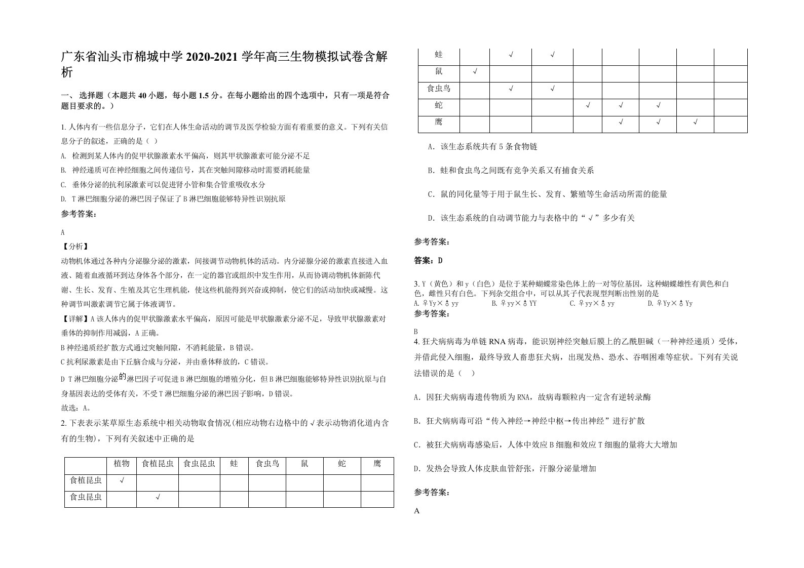 广东省汕头市棉城中学2020-2021学年高三生物模拟试卷含解析