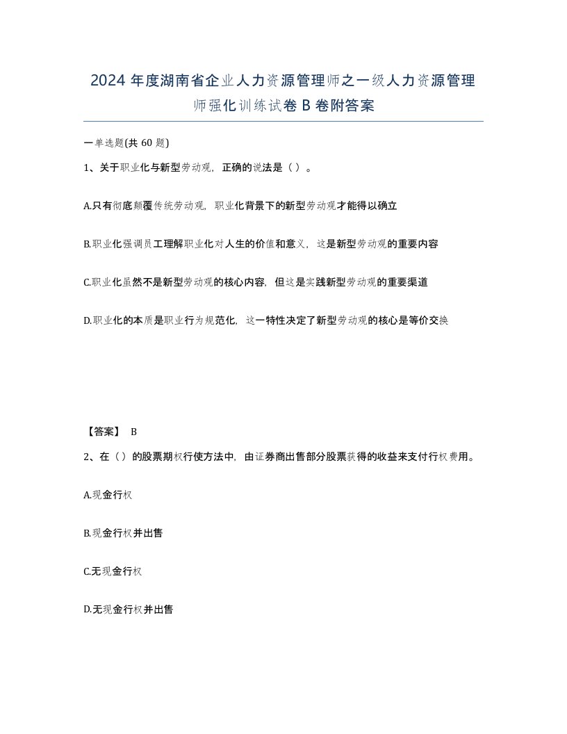 2024年度湖南省企业人力资源管理师之一级人力资源管理师强化训练试卷B卷附答案