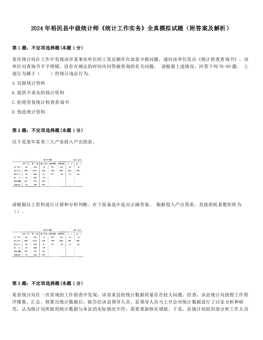 2024年裕民县中级统计师《统计工作实务》全真模拟试题（附答案及解析）