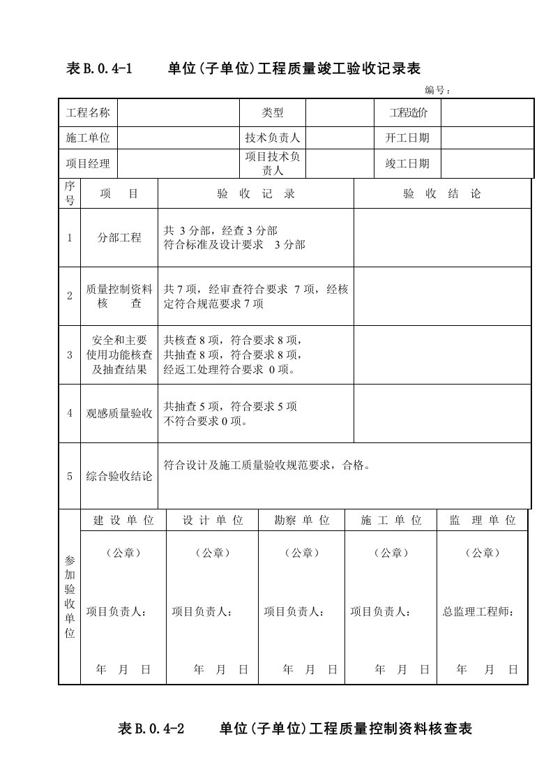 市政单位工程质量验收记录表(四统表)