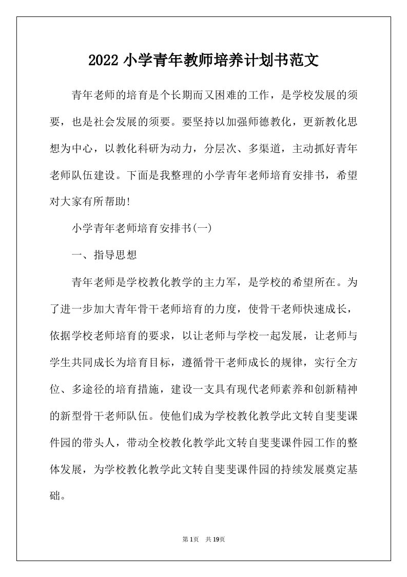 2022年小学青年教师培养计划书范文