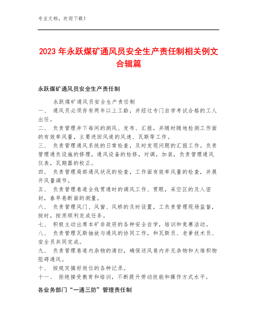 2023年永跃煤矿通风员安全生产责任制例文合辑篇